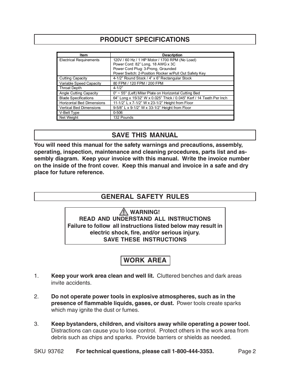 Product specifications save this manual, General safety rules, Work area | Harbor Freight Tools 93762 User Manual | Page 2 / 33