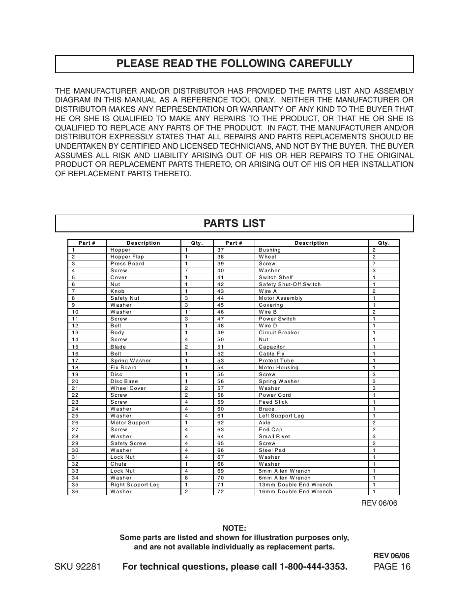 Parts list, Please read the following carefully, Rev 06/06 | Harbor Freight Tools 92281 User Manual | Page 16 / 18
