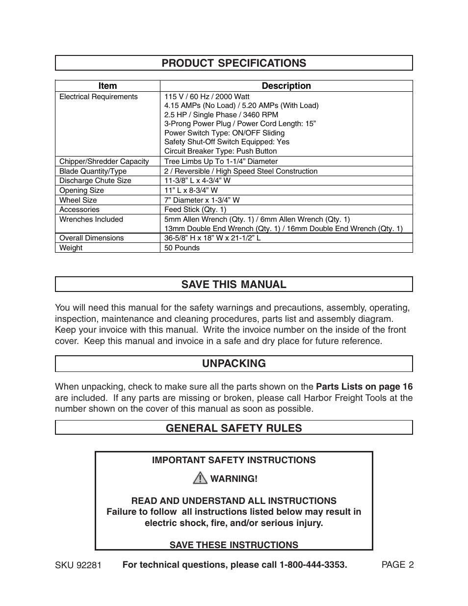 Product specifications save this manual, General safety rules, Unpacking | Harbor Freight Tools 92281 User Manual | Page 2 / 18