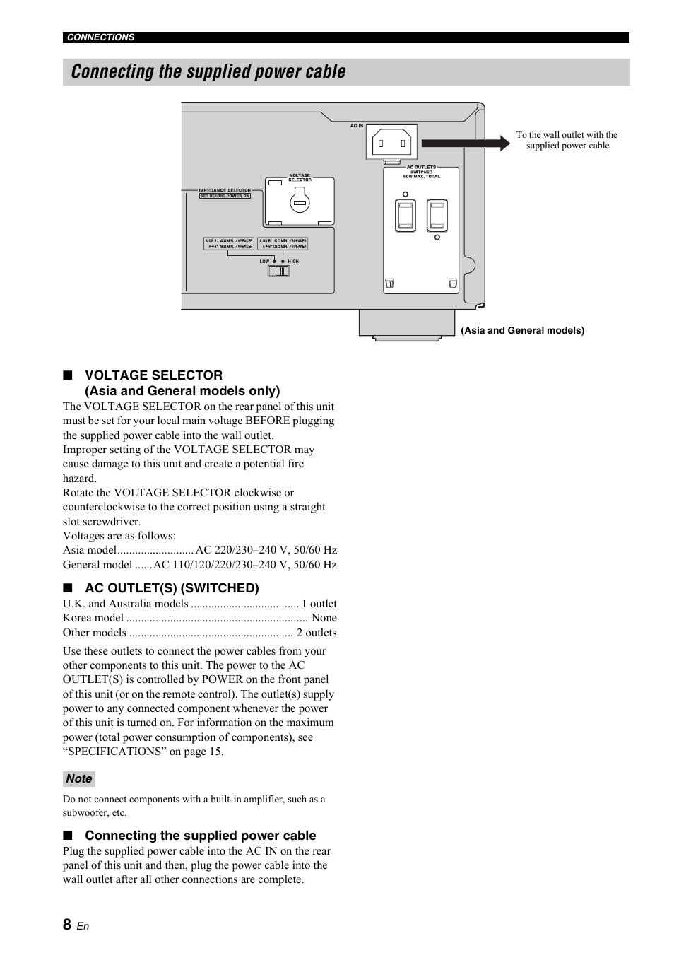 Connecting the supplied power cable | Yamaha A-S700 User Manual | Page 10 / 144