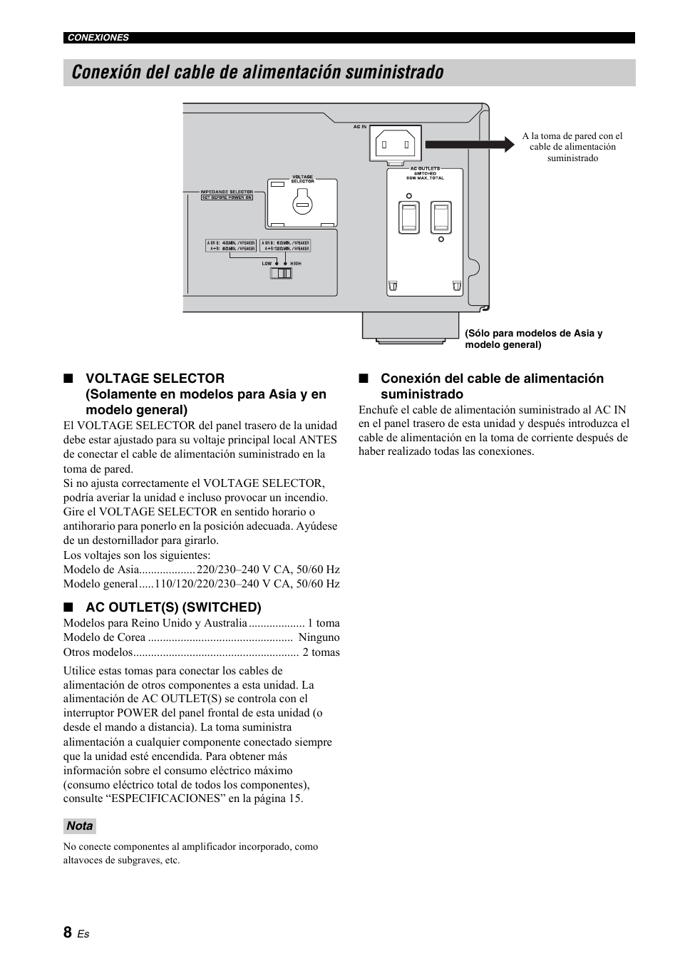 Conexión del cable de alimentación suministrado | Yamaha A-S700 User Manual | Page 100 / 144