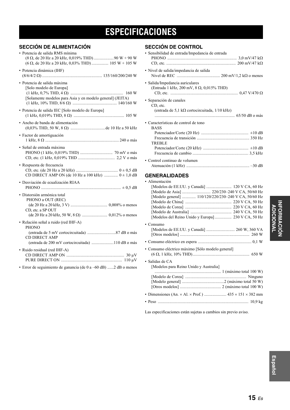 Especificaciones | Yamaha A-S700 User Manual | Page 107 / 144