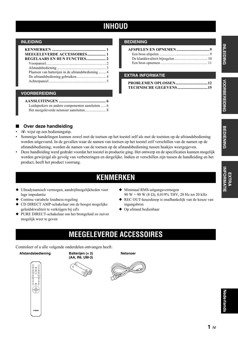 Inleiding, Kenmerken, Meegeleverde accessoires | Inhoud, Kenmerken meegeleverde accessoires | Yamaha A-S700 User Manual | Page 111 / 144