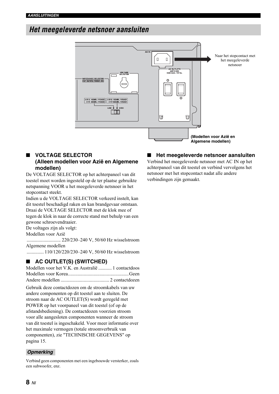 Het meegeleverde netsnoer aansluiten | Yamaha A-S700 User Manual | Page 118 / 144