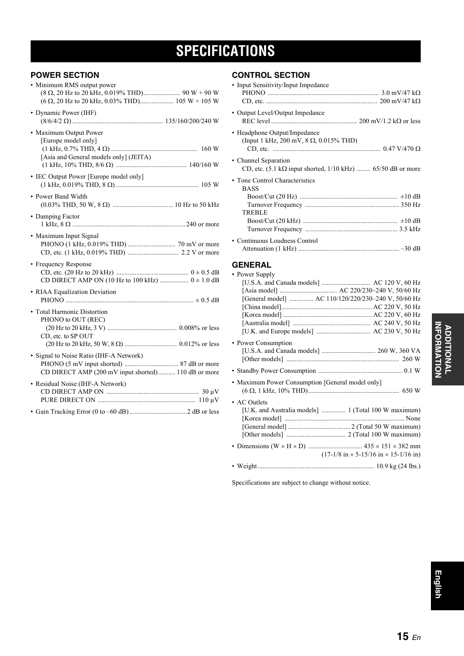 Specifications | Yamaha A-S700 User Manual | Page 17 / 144