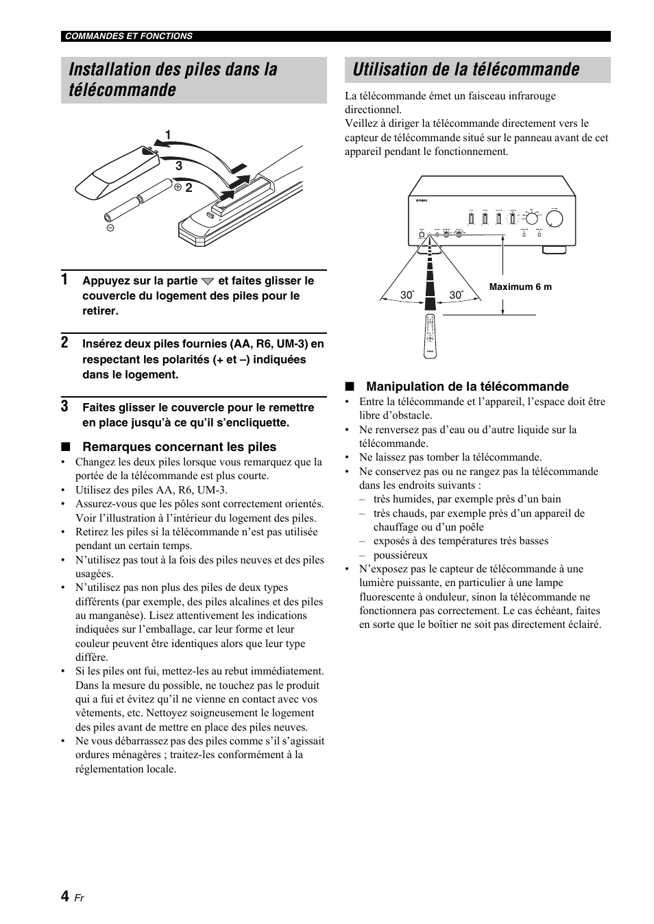 Installation des piles dans la télécommande, Utilisation de la télécommande, 4 utilisation de la télécommande | Yamaha A-S700 User Manual | Page 24 / 144