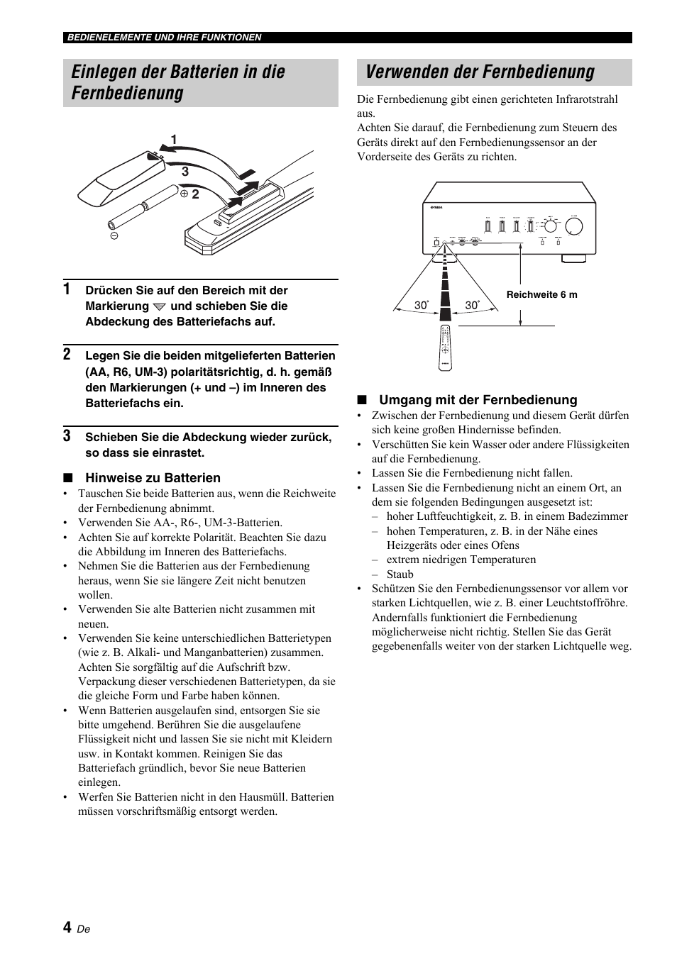 Einlegen der batterien in die fernbedienung, Verwenden der fernbedienung, 4 verwenden der fernbedienung | Yamaha A-S700 User Manual | Page 42 / 144