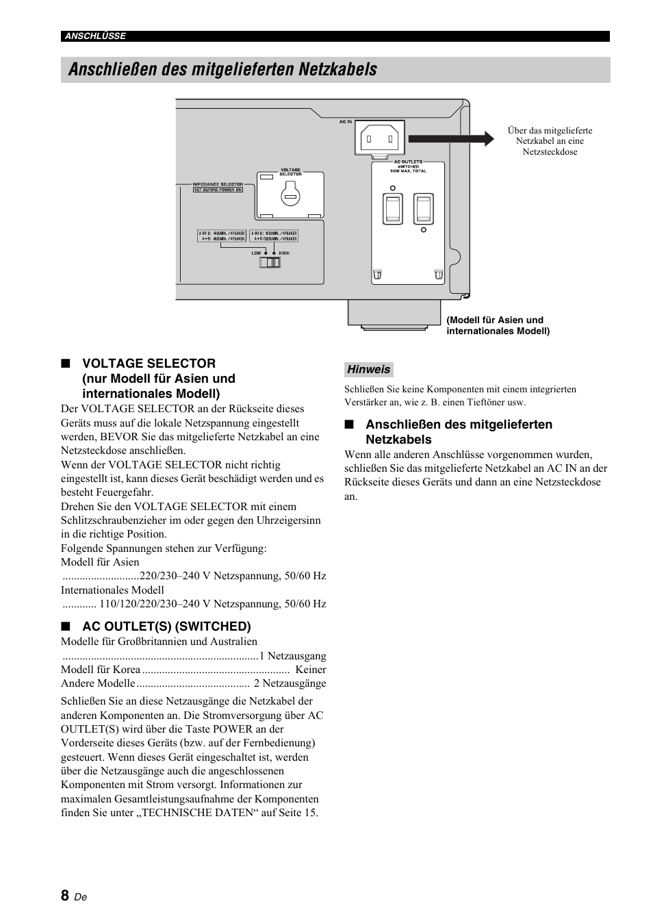 Anschließen des mitgelieferten netzkabels, F seite 8, Seite 8 | Yamaha A-S700 User Manual | Page 46 / 144