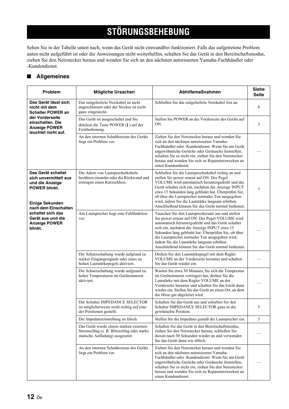 Weitere informationen, Störungsbehebung, Allgemeines | Yamaha A-S700 User Manual | Page 50 / 144