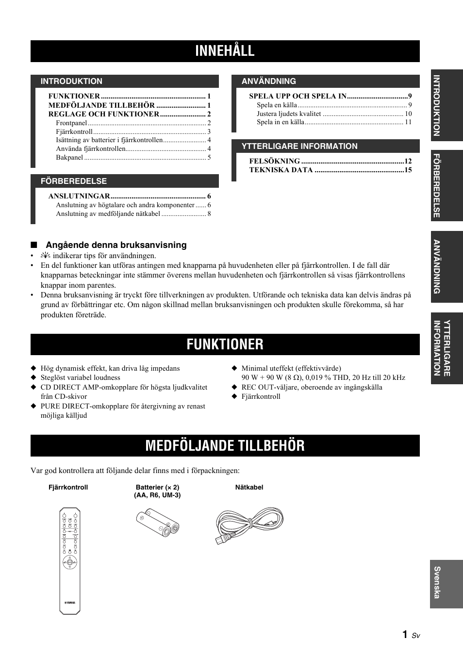 Introduktion, Funktioner, Medföljande tillbehör | Innehåll, Funktioner medföljande tillbehör | Yamaha A-S700 User Manual | Page 57 / 144