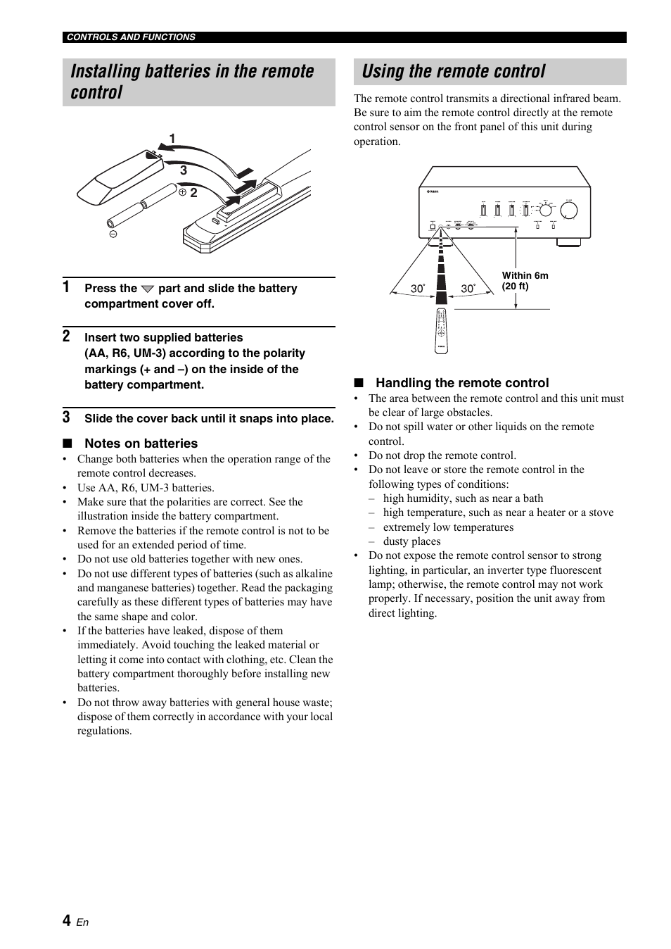 Installing batteries in the remote control, Using the remote control, 4 using the remote control | Yamaha A-S700 User Manual | Page 6 / 144