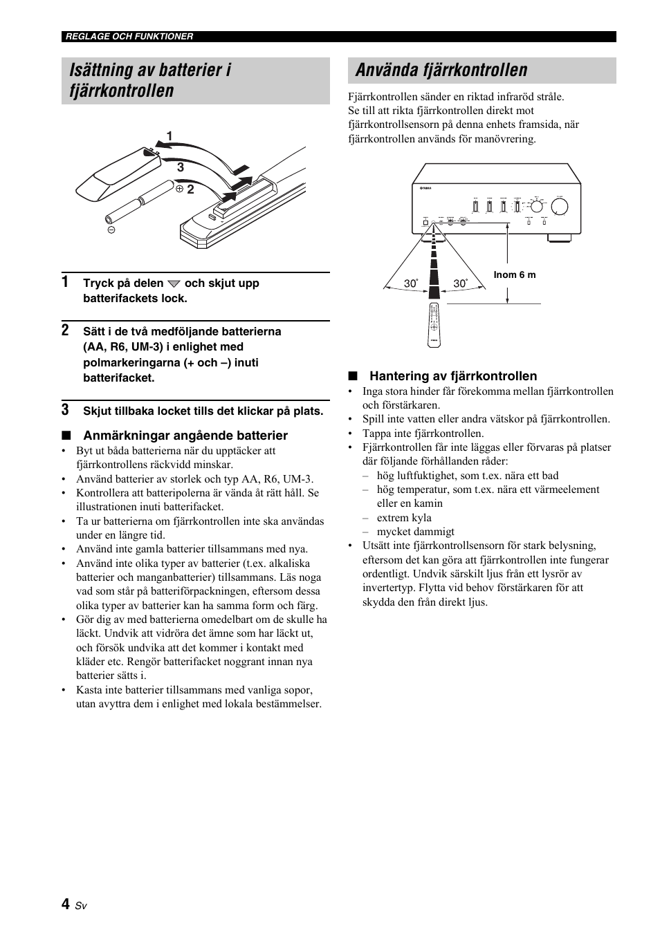 Isättning av batterier i fjärrkontrollen, Använda fjärrkontrollen, 4 använda fjärrkontrollen | Yamaha A-S700 User Manual | Page 60 / 144