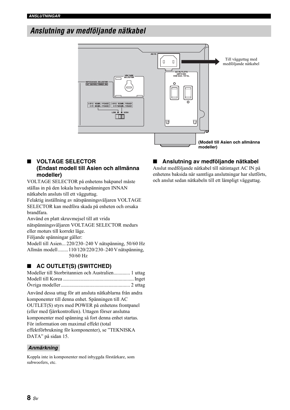 Anslutning av medföljande nätkabel, Se sidan 8 | Yamaha A-S700 User Manual | Page 64 / 144