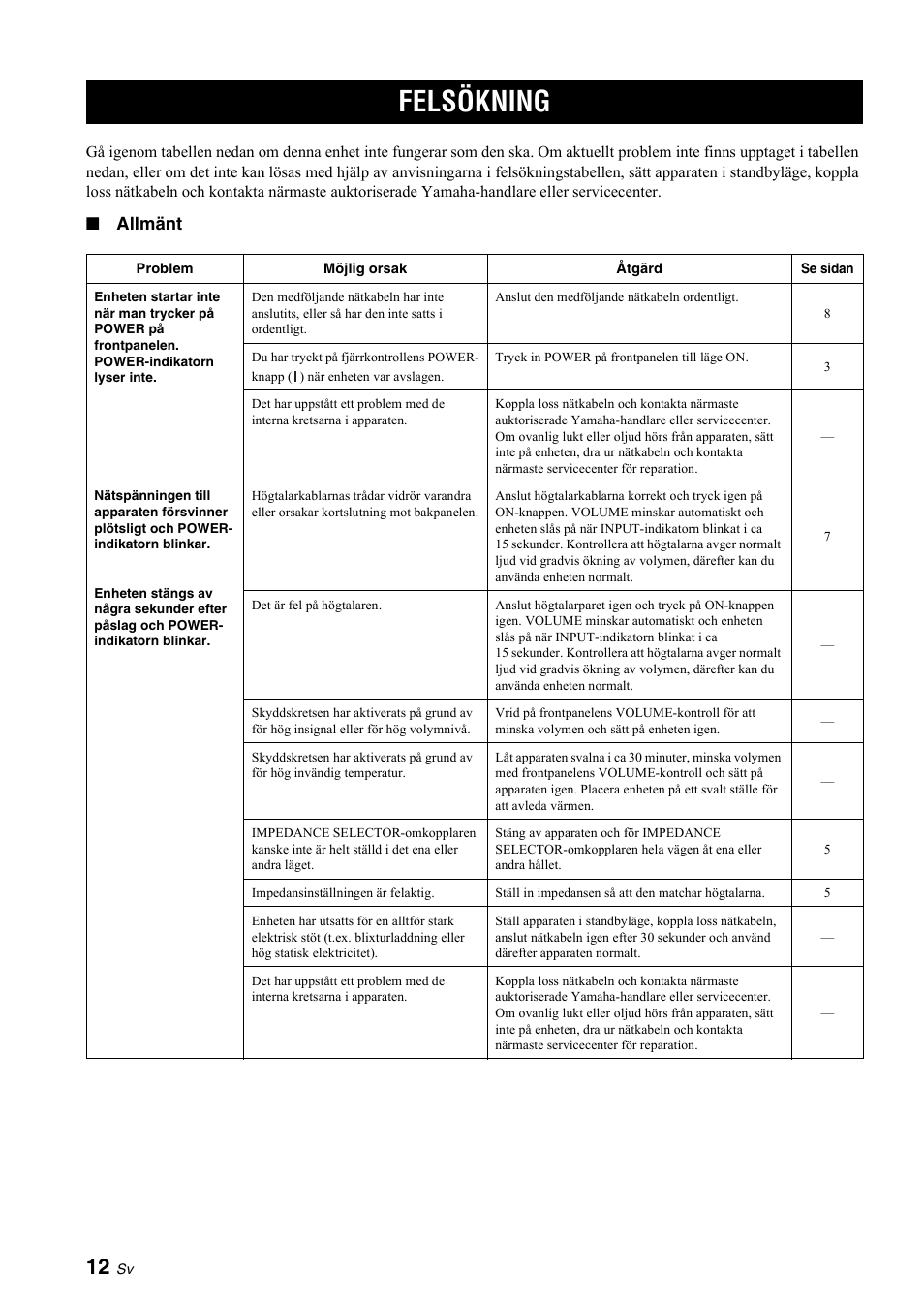 Ytterligare information, Felsökning, Allmänt | Yamaha A-S700 User Manual | Page 68 / 144