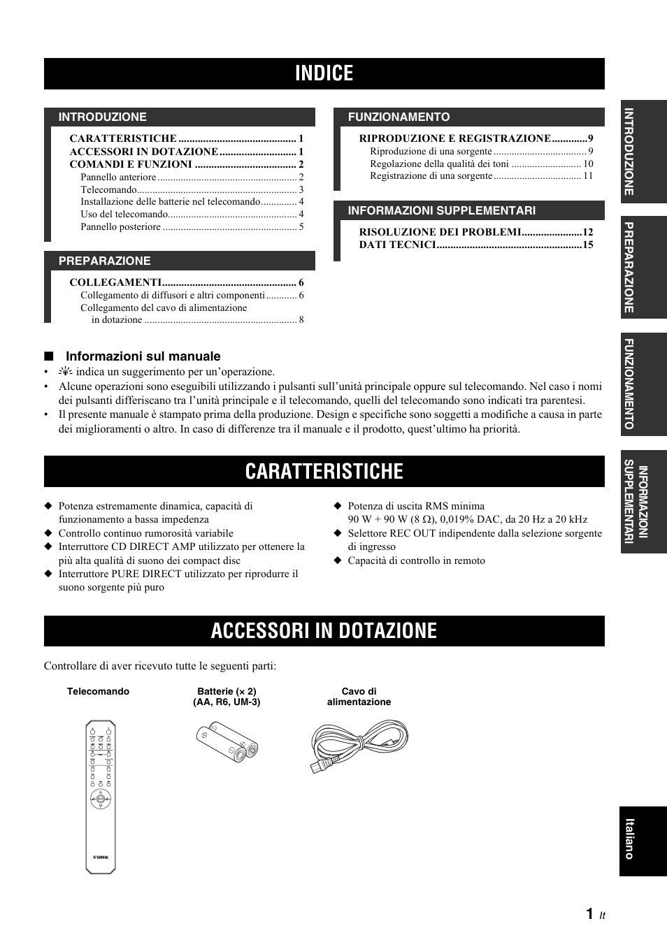 Introduzione, Caratteristiche, Accessori in dotazione | Indice, Caratteristiche accessori in dotazione | Yamaha A-S700 User Manual | Page 75 / 144