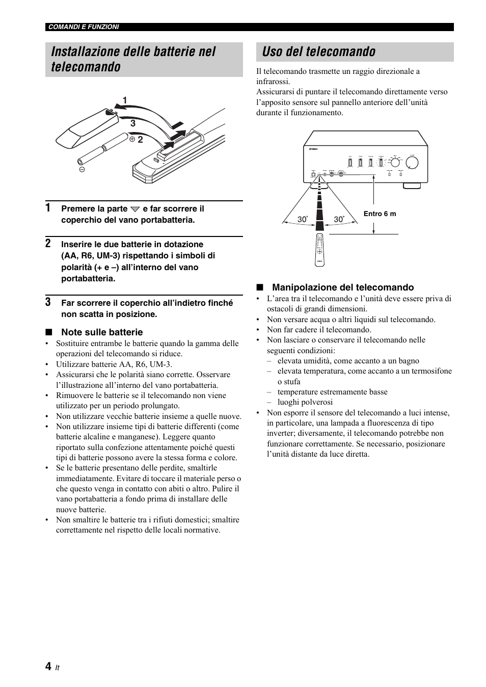 Installazione delle batterie nel telecomando, Uso del telecomando, 4 uso del telecomando | Yamaha A-S700 User Manual | Page 78 / 144