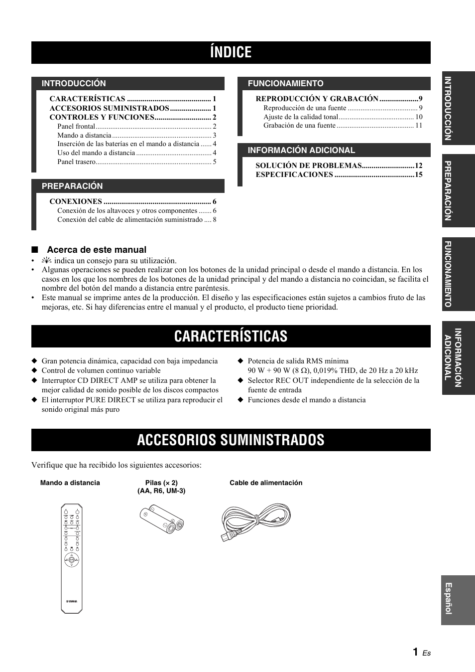 Introducción, Características, Accesorios suministrados | Índice, Características accesorios suministrados | Yamaha A-S700 User Manual | Page 93 / 144