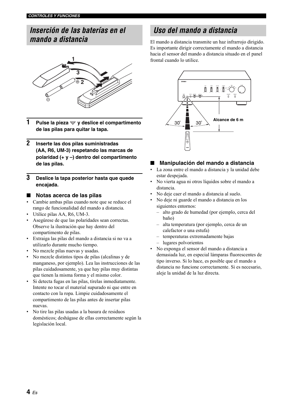 Inserción de las baterías en el mando a distancia, Uso del mando a distancia, 4 uso del mando a distancia | Yamaha A-S700 User Manual | Page 96 / 144