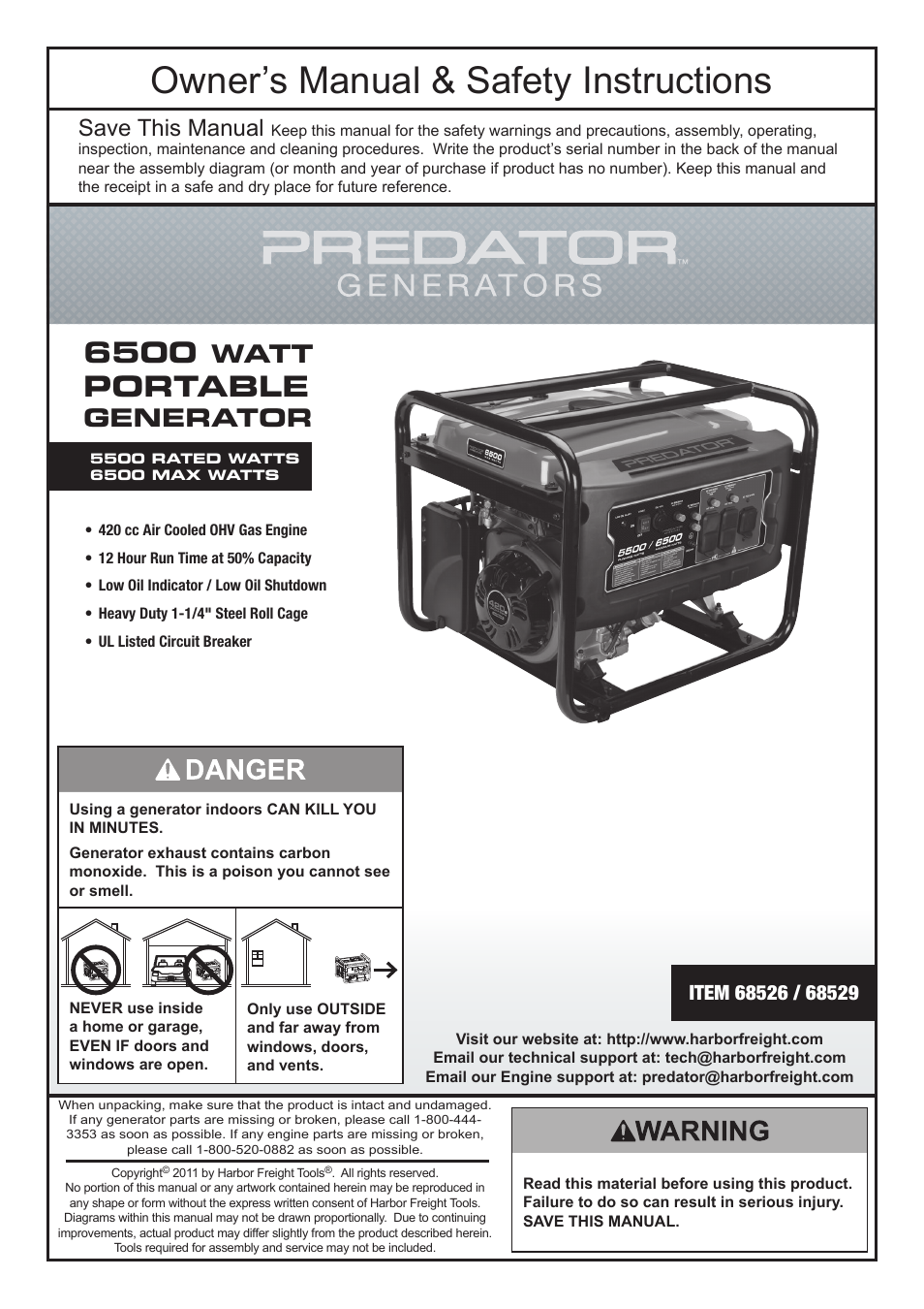 Harbor Freight Tools Predator 6500 Watt Portable Generator 68526 User Manual | 24 pages