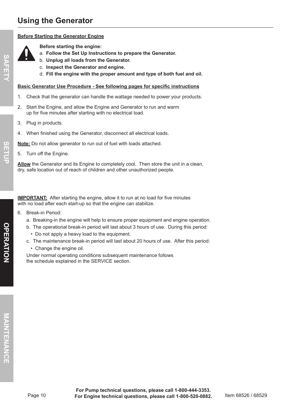 Using the generator, Safety o pera tion m aintenance setup | Harbor Freight Tools Predator 6500 Watt Portable Generator 68526 User Manual | Page 10 / 24