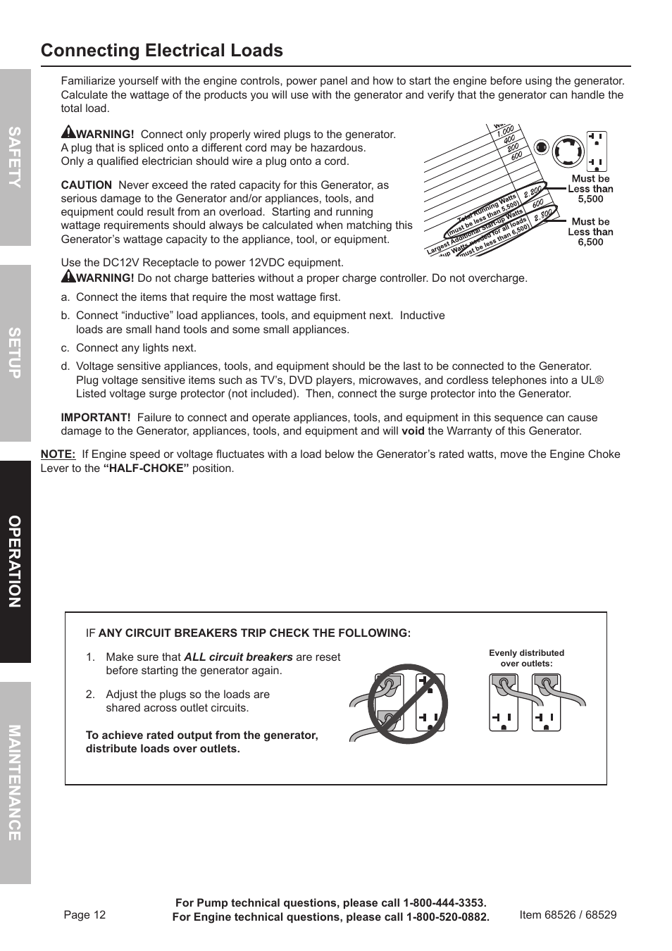 Connecting electrical loads, Safety o pera tion m aintenance setup | Harbor Freight Tools Predator 6500 Watt Portable Generator 68526 User Manual | Page 12 / 24