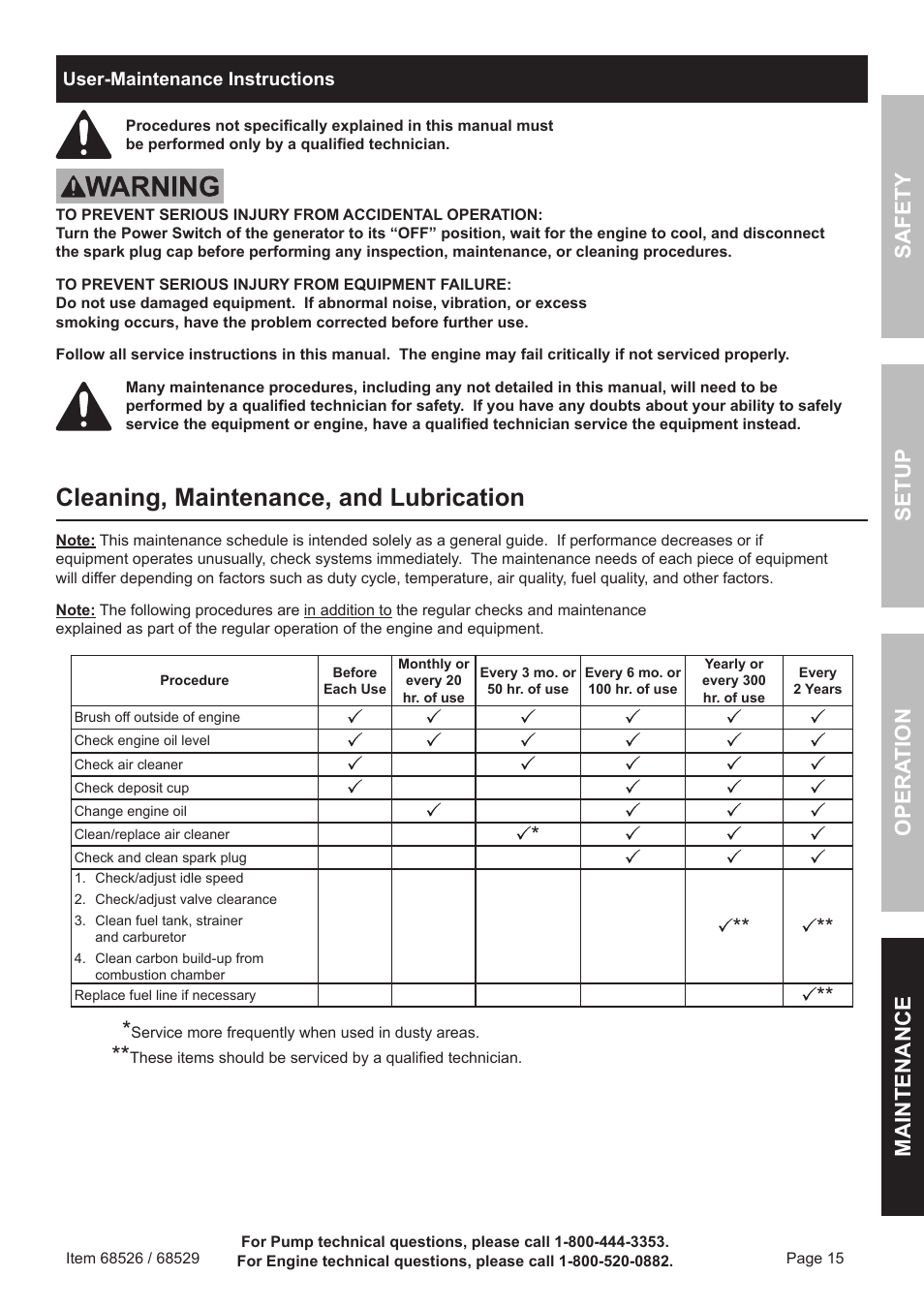 Cleaning, maintenance, and lubrication, Safety o pera tion m aintenance setup | Harbor Freight Tools Predator 6500 Watt Portable Generator 68526 User Manual | Page 15 / 24