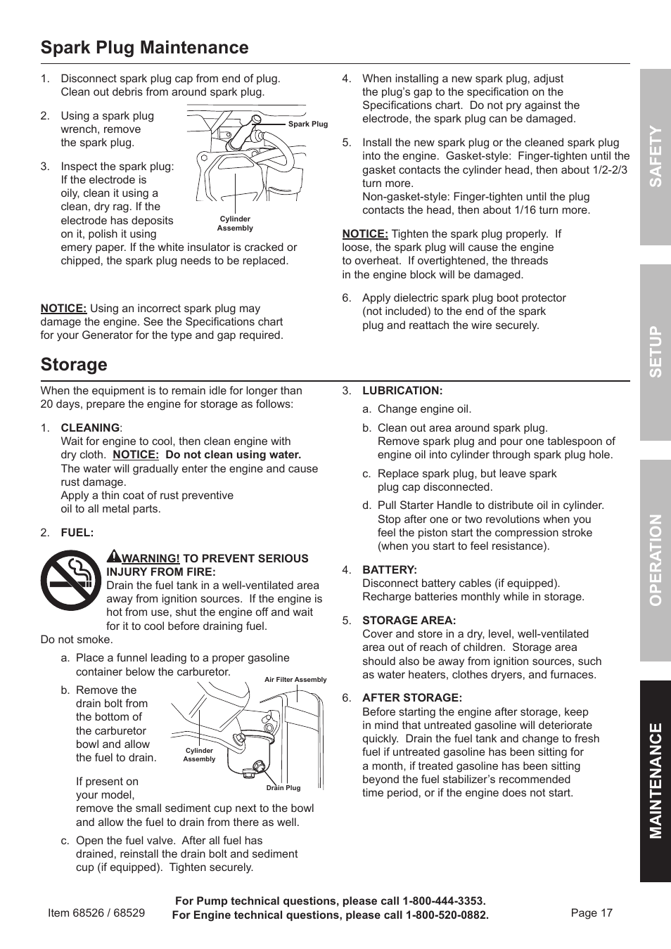 Spark plug maintenance, Storage, Safety o pera tion m aintenance setup | Harbor Freight Tools Predator 6500 Watt Portable Generator 68526 User Manual | Page 17 / 24