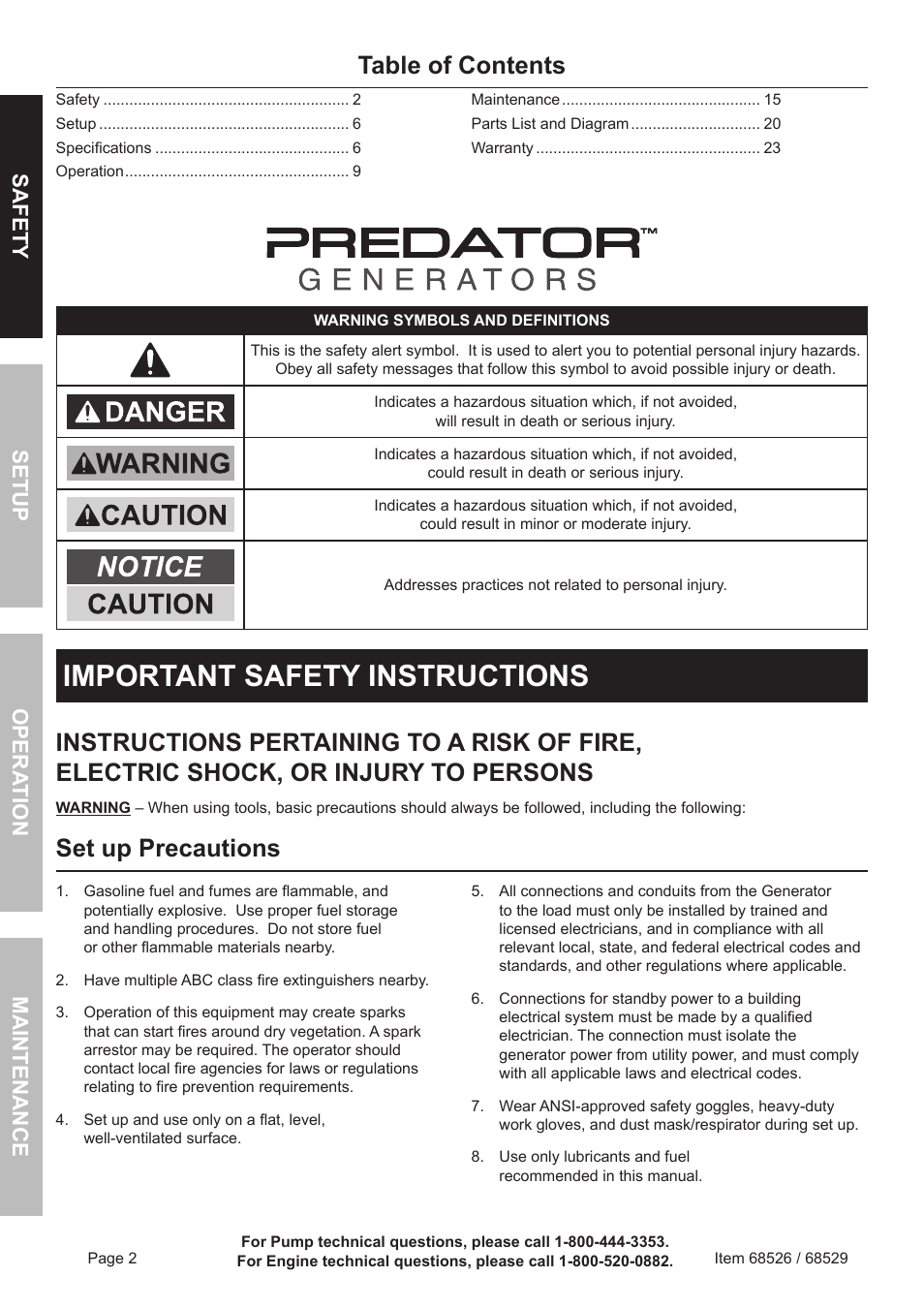 Harbor Freight Tools Predator 6500 Watt Portable Generator 68526 User Manual | Page 2 / 24