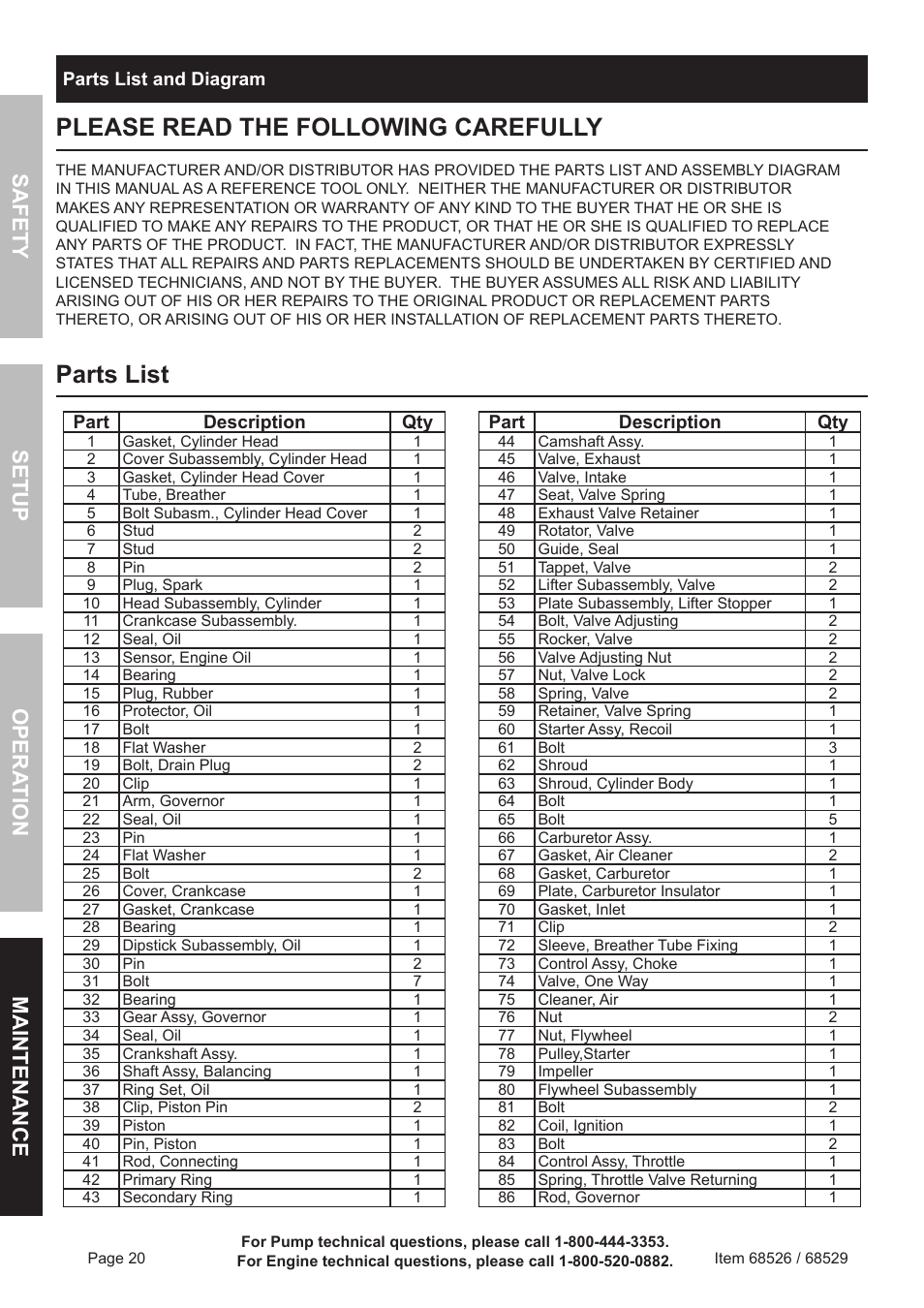 Please read the following carefully, Parts list, Safety o pera tion m aintenance setup | Harbor Freight Tools Predator 6500 Watt Portable Generator 68526 User Manual | Page 20 / 24