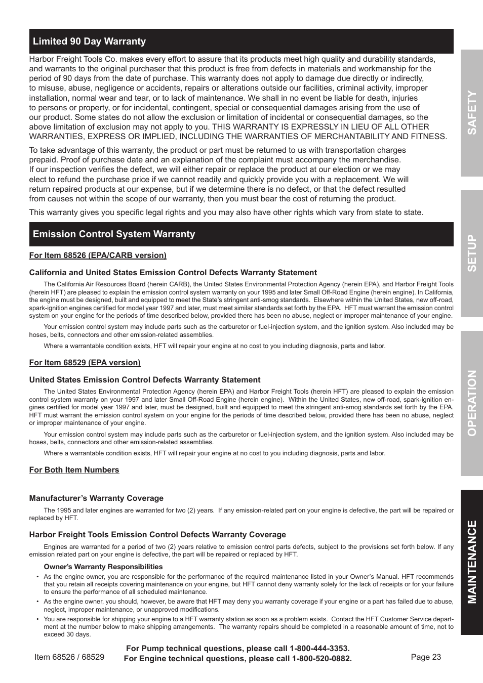 Safety o pera tion m aintenance setup, Limited 90 day warranty, Emission control system warranty | Harbor Freight Tools Predator 6500 Watt Portable Generator 68526 User Manual | Page 23 / 24