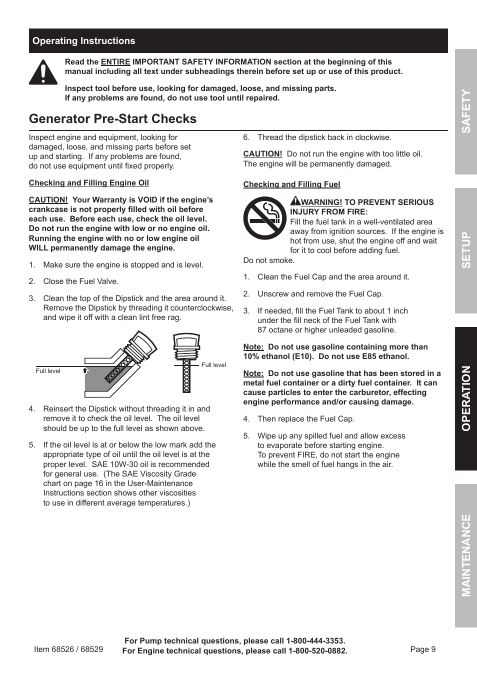 Generator pre-start checks, Safety o pera tion m aintenance setup | Harbor Freight Tools Predator 6500 Watt Portable Generator 68526 User Manual | Page 9 / 24