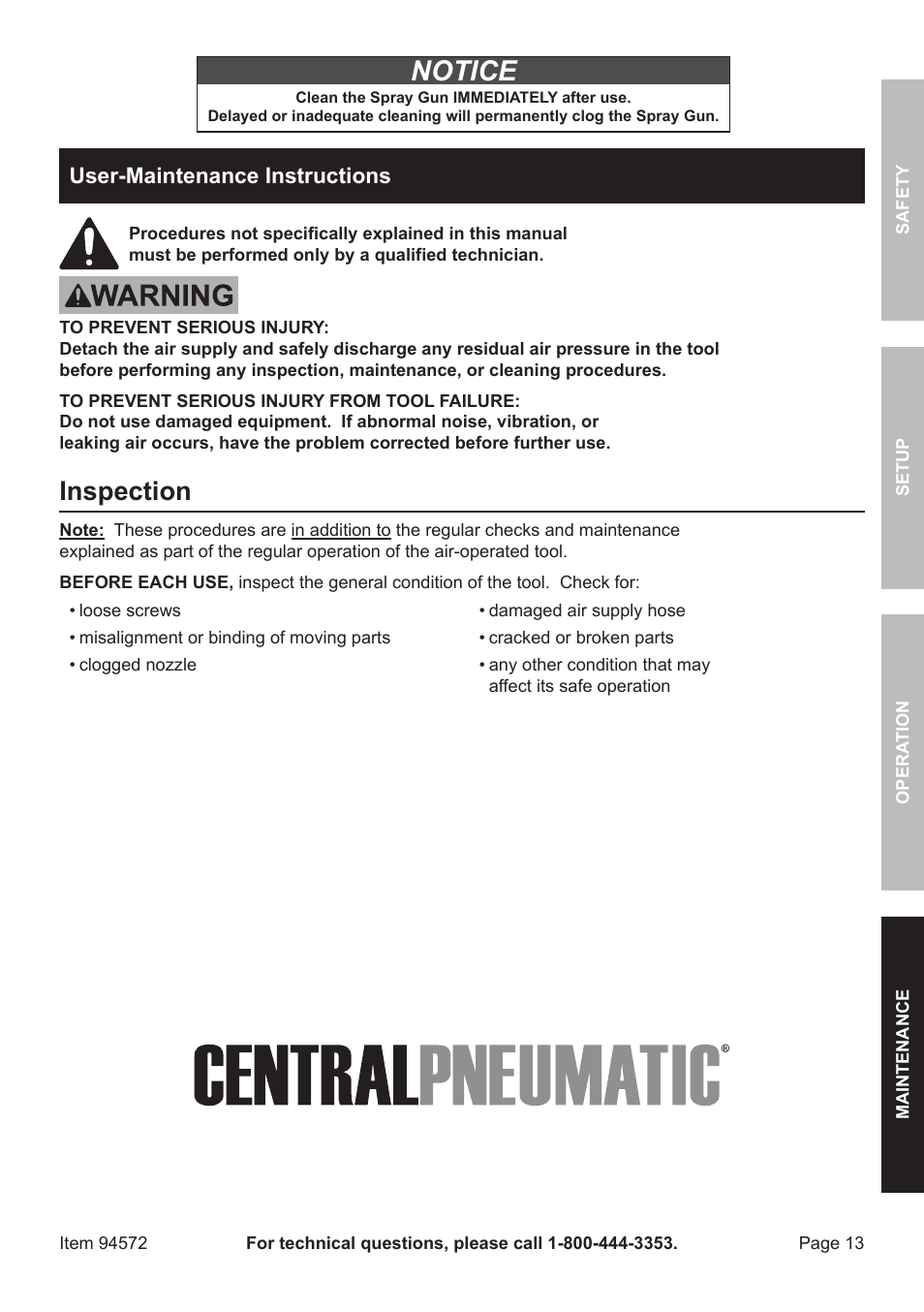 Notice, Inspection | Harbor Freight Tools CENTRAL PNEUMATIC 94572 User Manual | Page 13 / 20