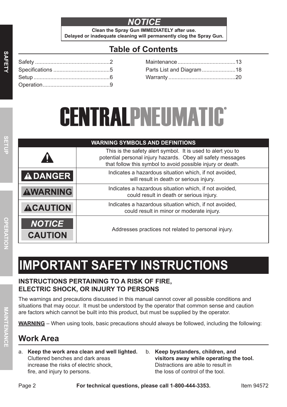 Harbor Freight Tools CENTRAL PNEUMATIC 94572 User Manual | Page 2 / 20