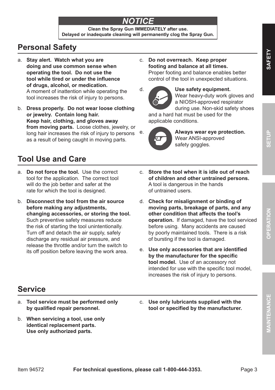 Notice, Personal safety, Tool use and care | Service | Harbor Freight Tools CENTRAL PNEUMATIC 94572 User Manual | Page 3 / 20