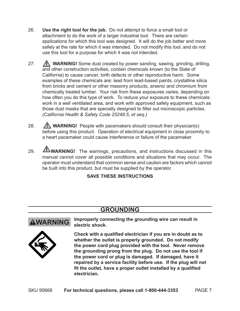 Warning, Grounding | Harbor Freight Tools CENTRAL MACHINERY 95668 User Manual | Page 7 / 30