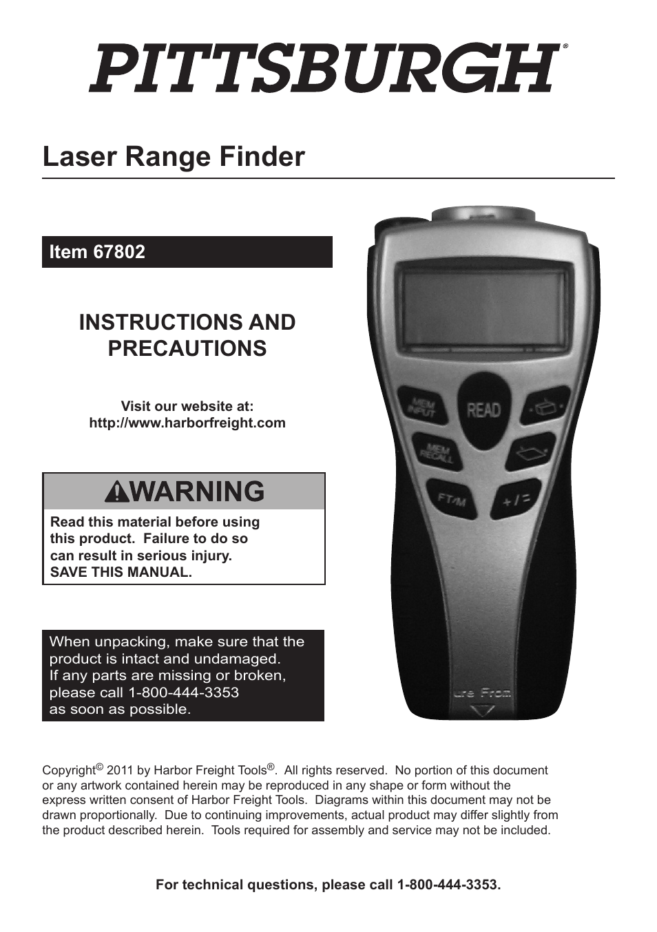 Harbor Freight Tools Pittsburgh Laser Range Finder 67802 User Manual | 8 pages