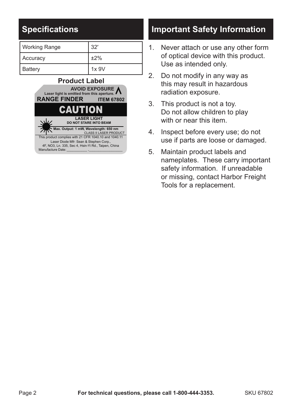 Specifications, Important safety information, Product label | Harbor Freight Tools Pittsburgh Laser Range Finder 67802 User Manual | Page 2 / 8