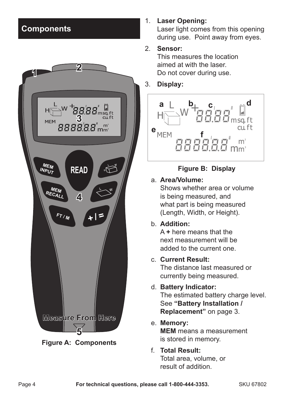 Read, Components | Harbor Freight Tools Pittsburgh Laser Range Finder 67802 User Manual | Page 4 / 8