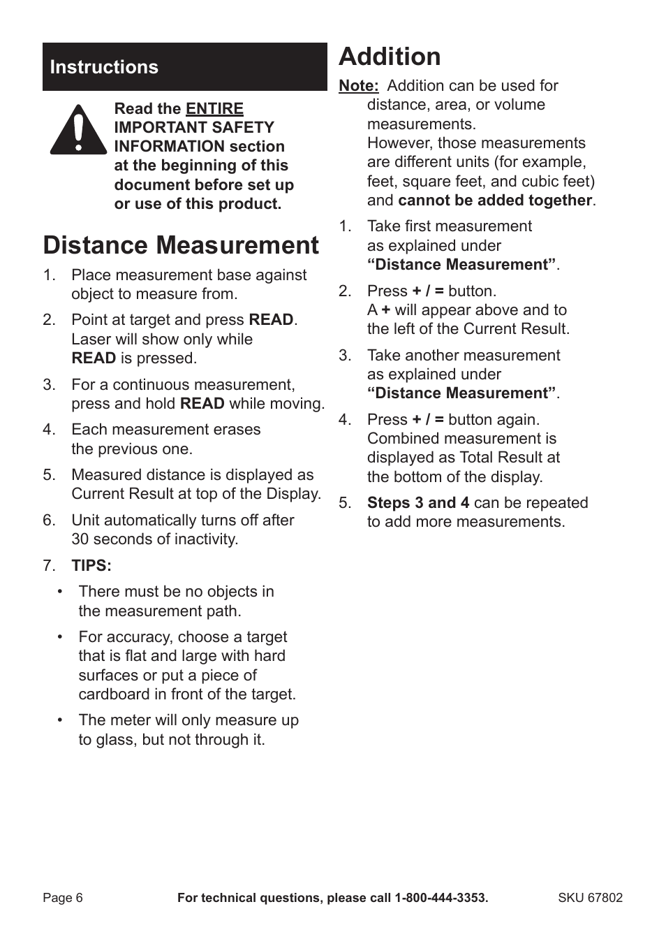 Distance measurement, Addition, Instructions | Harbor Freight Tools Pittsburgh Laser Range Finder 67802 User Manual | Page 6 / 8