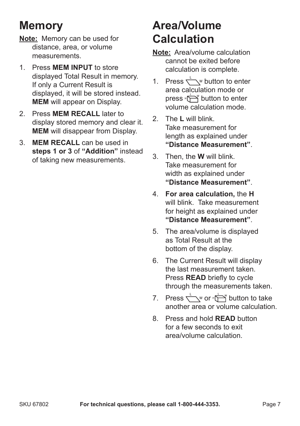 Area/volume calculation | Harbor Freight Tools Pittsburgh Laser Range Finder 67802 User Manual | Page 7 / 8