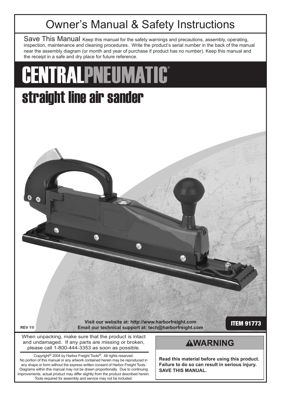 Harbor Freight Tools CENTRAL PNEUMATIC 91773 User Manual | 16 pages