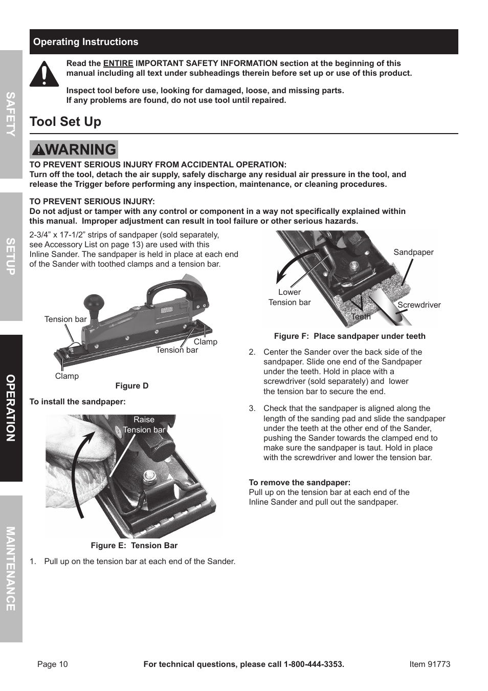 Tool set up, Safety opera tion maintenance setup | Harbor Freight Tools CENTRAL PNEUMATIC 91773 User Manual | Page 10 / 16