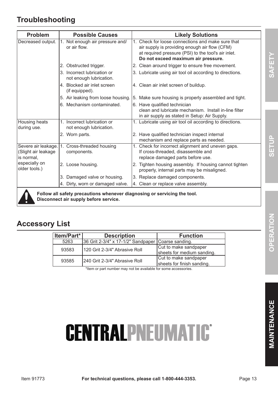 Troubleshooting, Accessory list, Safety opera tion maintenance setup | Harbor Freight Tools CENTRAL PNEUMATIC 91773 User Manual | Page 13 / 16