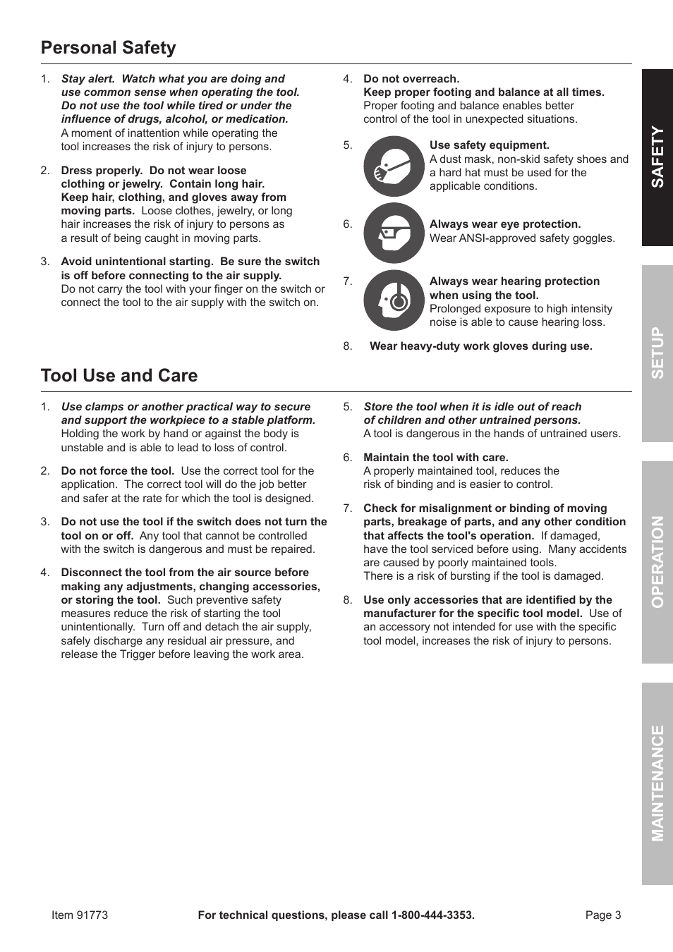 Personal safety, Tool use and care, Safety opera tion maintenance setup | Harbor Freight Tools CENTRAL PNEUMATIC 91773 User Manual | Page 3 / 16