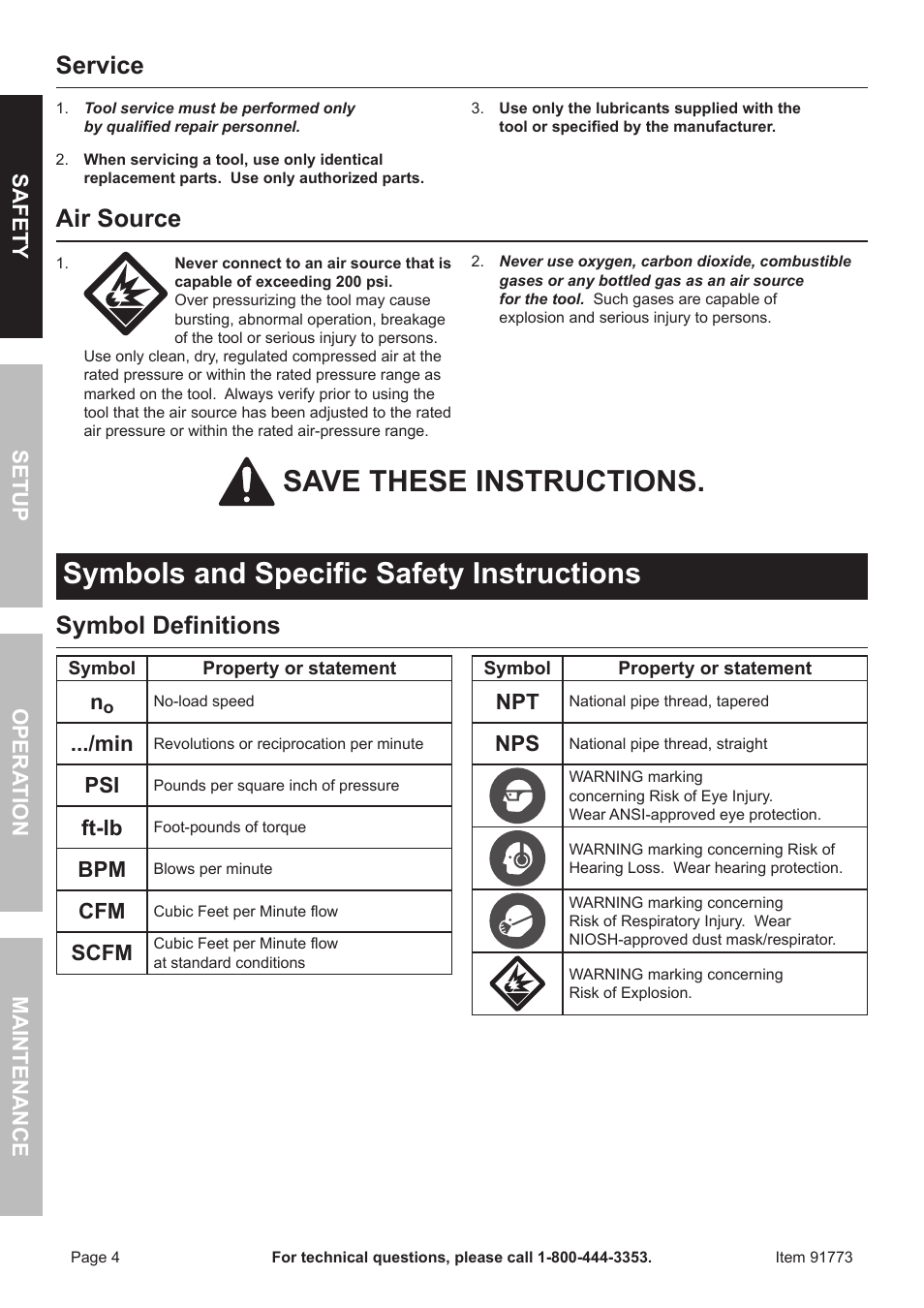 Service, Air source, Symbol definitions | Safety opera tion maintenance setup, Ft-lb, Scfm | Harbor Freight Tools CENTRAL PNEUMATIC 91773 User Manual | Page 4 / 16