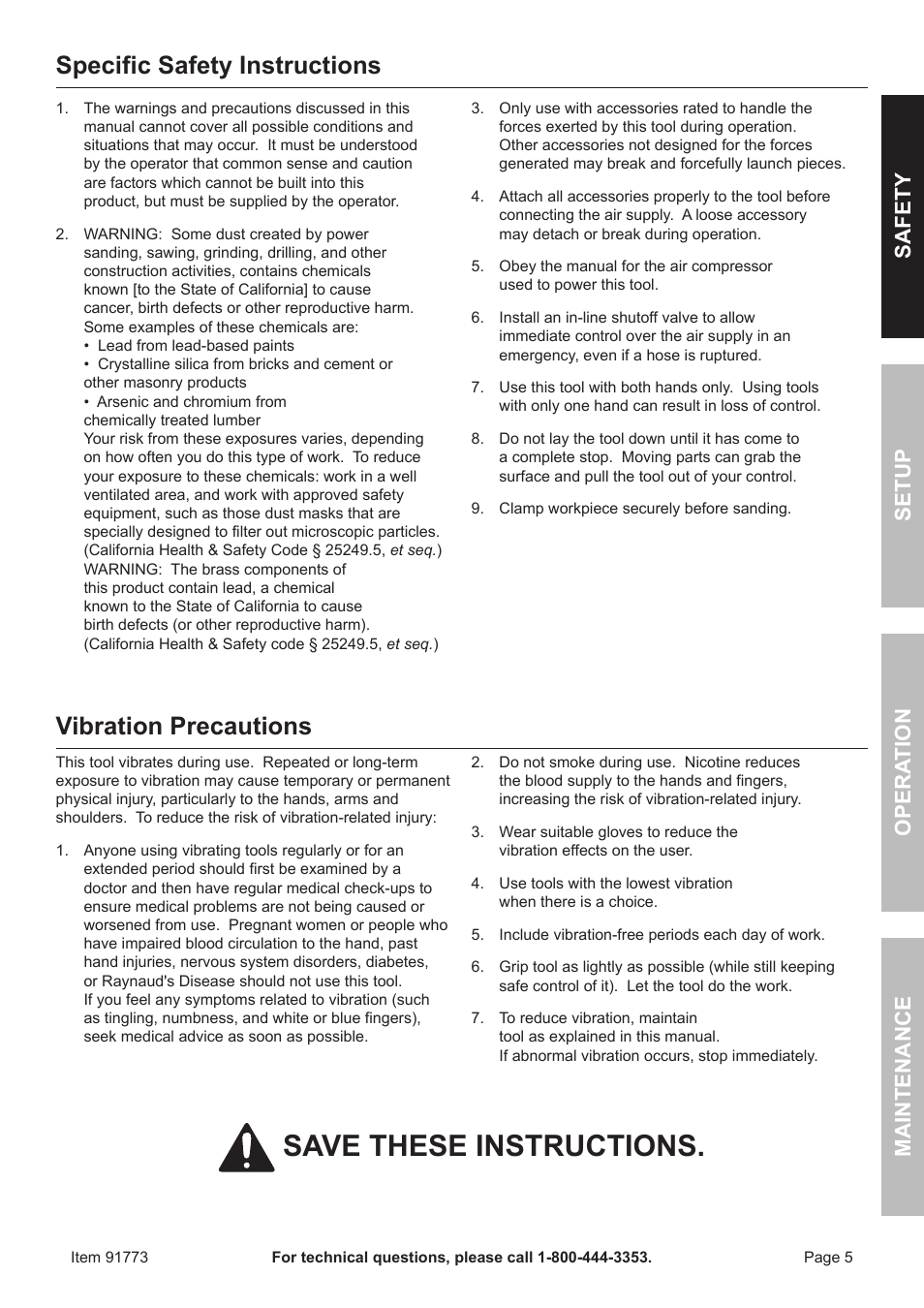 Save these instructions, Specific safety instructions, Vibration precautions | Safety opera tion maintenance setup | Harbor Freight Tools CENTRAL PNEUMATIC 91773 User Manual | Page 5 / 16