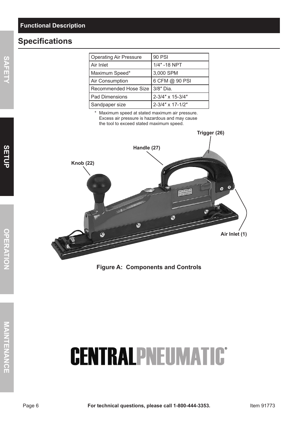 Specifications, Safety opera tion maintenance setup | Harbor Freight Tools CENTRAL PNEUMATIC 91773 User Manual | Page 6 / 16