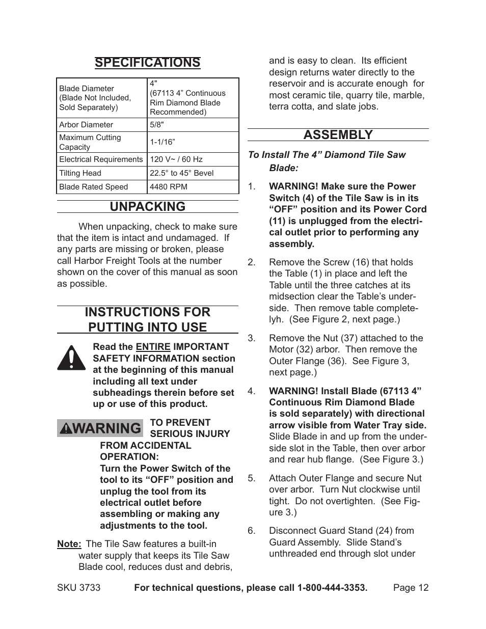 Specifications, Unpacking, Instructions for putting into use | Assembly | Harbor Freight Tools Drill Master 3733 User Manual | Page 12 / 20