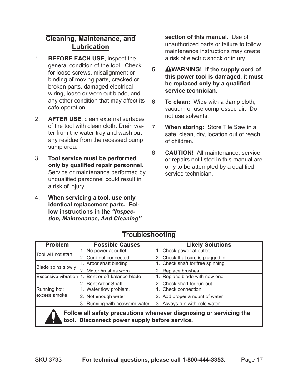 Cleaning, maintenance, and lubrication, Troubleshooting | Harbor Freight Tools Drill Master 3733 User Manual | Page 17 / 20