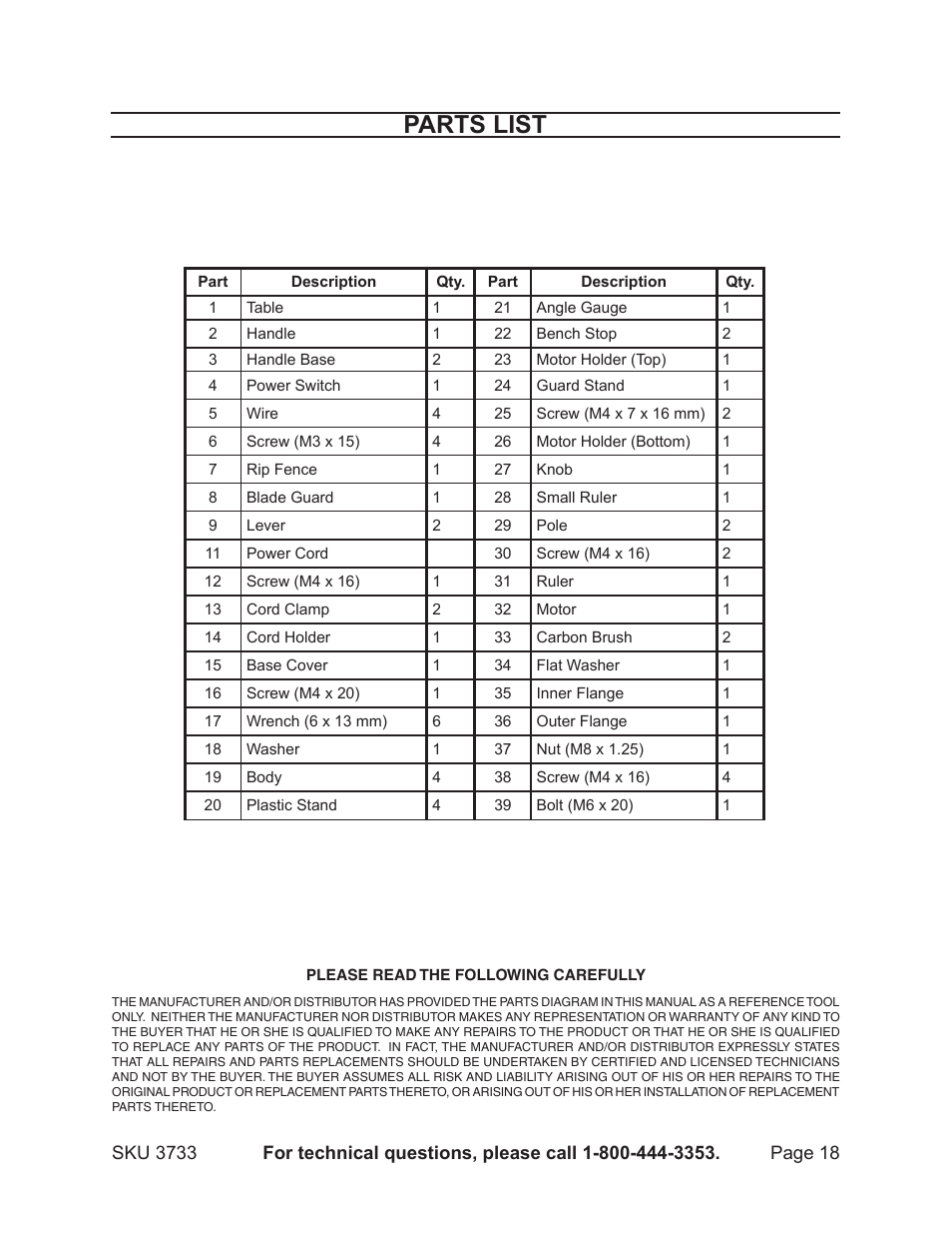 Parts list | Harbor Freight Tools Drill Master 3733 User Manual | Page 18 / 20